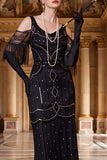 Vestido negro de hombros fríos, funda de cuentas con cuentas y tul, vestido de los años 20 con flecos