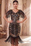 Vestido de flapper midi de los años 20 con flapper y aletas de albaricoque de escote en V