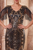 Vestido de flapper midi de los años 20 con flapper y aletas de albaricoque de escote en V