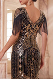 Vestido de flapper midi de los años 20 con flapper y aletas de albaricoque de escote en V