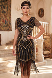 Vestido negro de los años 20 con flecos de manga corta y escote en V y lentejuelas