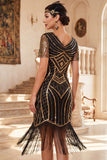 Vestido negro de los años 20 con flecos de manga corta y escote en V y lentejuelas