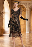 Vestido negro de los años 20 con flecos de manga corta y escote en V y lentejuelas