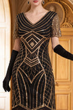 Vestido negro de los años 20 con flecos de manga corta y escote en V y lentejuelas