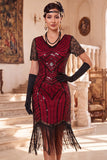 Vestido negro de los años 20 con flecos de manga corta y escote en V y lentejuelas