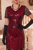 Vestido negro de los años 20 con flecos de manga corta y escote en V y lentejuelas