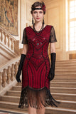 Vestido negro de los años 20 con flecos de manga corta y escote en V y lentejuelas