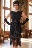 Vestido Flapper de los años 20 con flecos de cuello redondo verde oscuro con flecos