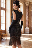 Vestido Flapper de los años 20 con flecos de cuello redondo verde oscuro con flecos