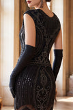 Vestido Flapper de los años 20 con flecos de cuello redondo verde oscuro con flecos
