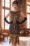 Vestido Flapper de los años 20 con flecos de cuello redondo verde oscuro con flecos