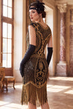 Vestido Flapper de los años 20 con flecos de cuello redondo verde oscuro con flecos