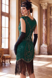 Vestido Flapper de los años 20 con flecos de cuello redondo verde oscuro con flecos