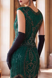 Vestido Flapper de los años 20 con flecos de cuello redondo verde oscuro con flecos