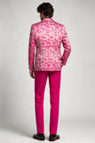 Trajes de baile de graduación de dos piezas con solapa de muesca fucsia con solapa estampada