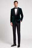 Traje de graduación de dos piezas, chala de satén de terciopelo verde oscuro