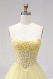 Vestido de baile amarillo Corsé perlas sin tirantes Vestido largo de graduación con volantes y escalones