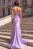 Corsé de satén lila Aplique florales 3D transparentes Vestido largo de baile