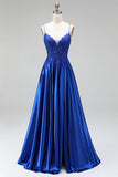 A-line Royal Blue Apliques Satén Lentejuelas con cuentas Tirantes finos Vestido largo de graduación
