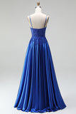 A-line Royal Blue Apliques Satén Lentejuelas con cuentas Tirantes finos Vestido largo de graduación