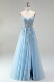 Corsé azul celeste, apliques florales transparentes, lentejuelas de línea A, vestido largo de graduación sin tirantes con abertura lateral