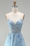 Corsé azul celeste, apliques florales transparentes, lentejuelas de línea A, vestido largo de graduación sin tirantes con abertura lateral