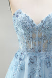 Corsé azul celeste, apliques florales transparentes, lentejuelas de línea A, vestido largo de graduación sin tirantes con abertura lateral