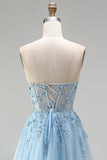 Corsé azul celeste, apliques florales transparentes, lentejuelas de línea A, vestido largo de graduación sin tirantes con abertura lateral