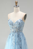 Corsé azul celeste, apliques florales transparentes, lentejuelas de línea A, vestido largo de graduación sin tirantes con abertura lateral