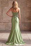 Vestido largo de graduación largo de satén fruncido con cuentas y satín corsé verde, escote en V y sello en V