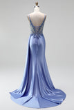 Apliques de pedrería azul polvoriento Sirena de satén con escote en V y lentejuelas Vestido largo de graduación con abertura