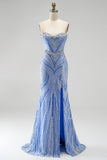 Vestido largo de baile de sirena azul sin tirantes con cuentas y abertura