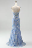 Vestido largo de baile de sirena azul sin tirantes con cuentas y abertura