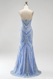 Vestido largo de baile de sirena azul sin tirantes con cuentas y abertura