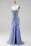 Vestido largo de baile de sirena azul sin tirantes con cuentas y abertura