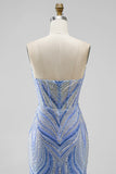Vestido largo de baile de sirena azul sin tirantes con cuentas y abertura