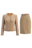 Vestido de trabajo de tweed dorado de manga larga de un solo pecho con bolsillos