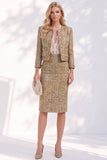 Vestido de trabajo de tweed dorado de manga larga de un solo pecho con bolsillos