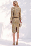 Vestido de trabajo de tweed dorado de manga larga de un solo pecho con bolsillos