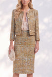 Vestido de trabajo de tweed dorado de manga larga de un solo pecho con bolsillos