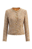 Vestido de trabajo de tweed dorado de manga larga de un solo pecho con bolsillos