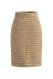Vestido de trabajo de tweed dorado de manga larga de un solo pecho con bolsillos