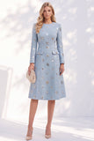Vestido de trabajo midi azul de escote redondo y manga larga