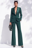 Trajes largos largos de mujer de satén verde oscuro con pico y escote en V con pecho simple y bolsillos