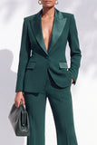 Trajes largos largos de mujer de satén verde oscuro con pico y escote en V con pecho simple y bolsillos