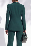Trajes largos largos de mujer de satén verde oscuro con pico y escote en V con pecho simple y bolsillos