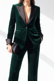 Trajes femeninos de solapa de punta con un solo pecho y escote en V verde verde oscuro con bolsillos