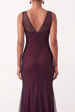 Vestido formal largo sin mangas sin mangas sin mangas de sirena negro rojo y cuello en V