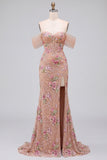 Blush Sheath Off the Shouder Corset, lentejuelas, vestido largo de graduación con abertura