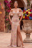 Blush Sheath Off the Shouder Corset, lentejuelas, vestido largo de graduación con abertura